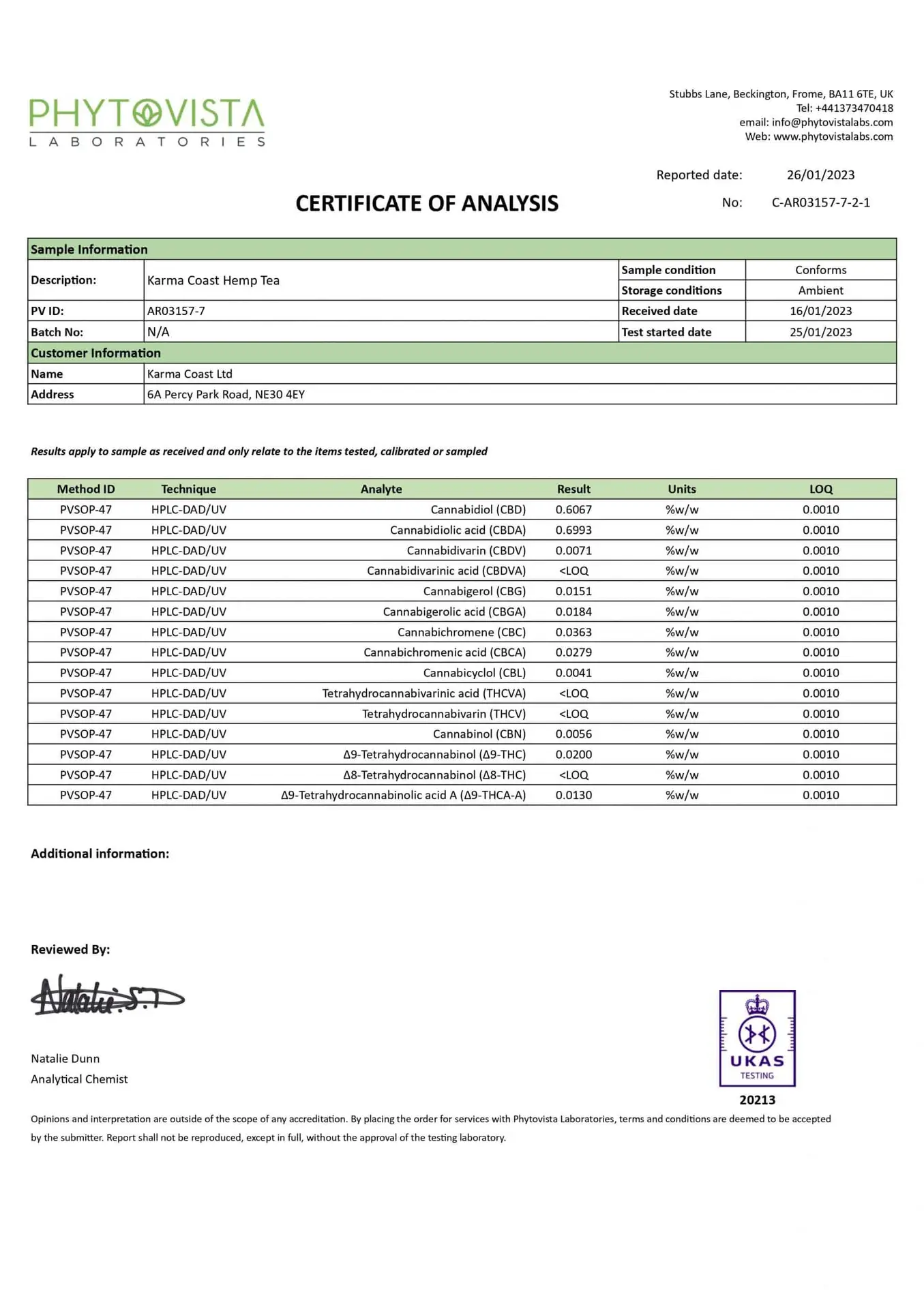 KARMA ORGANIC CBD TEA 5 A certificate of analysis from PhytoVista Labs for KARMA ORGANIC CBD TEA, a premium CBD tea UK product, displays the results of cannabinoid content testing. The table lists various cannabinoids, all marked as “ND” (not detected), and includes signatures and certification marks.
