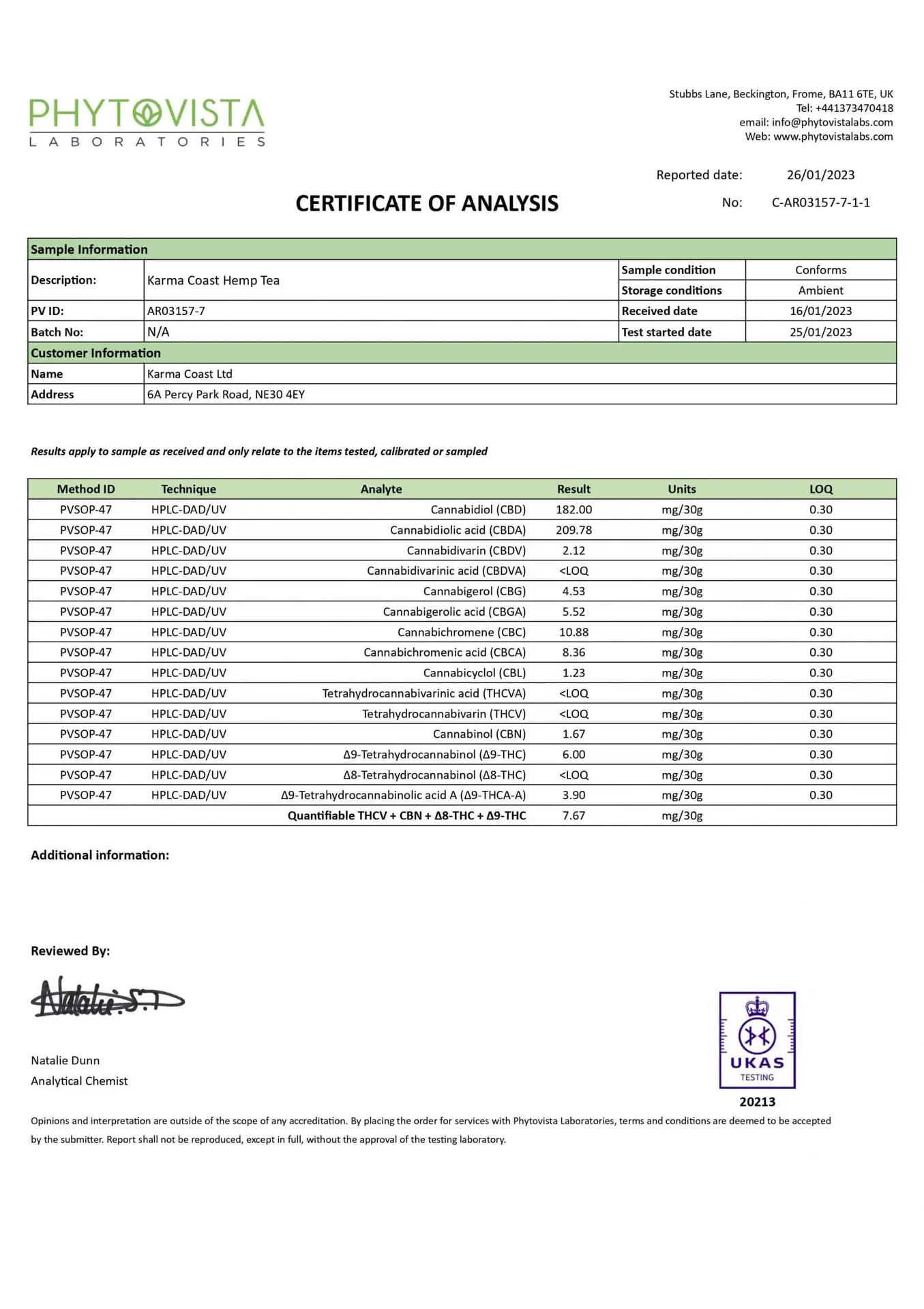 KARMA ORGANIC CBD TEA 6 Certificate of Analysis for KARMA ORGANIC CBD TEA by Phytovista Laboratories, presenting detailed cannabinoid test results, sample information, and compliance status for UK CBD tea products, complete with data tables, authorised signatures, and the UKAS accreditation logo.