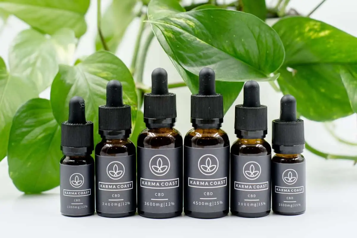 Six bottles of Karma Coast CBD oil with black labels and droppers are arranged in a row, varying in size and dosage, placed in front of green leafy plants on a white background. Perfect for those curious about what CBD is, these oils offer a natural wellbeing option displayed in an inviting setting.