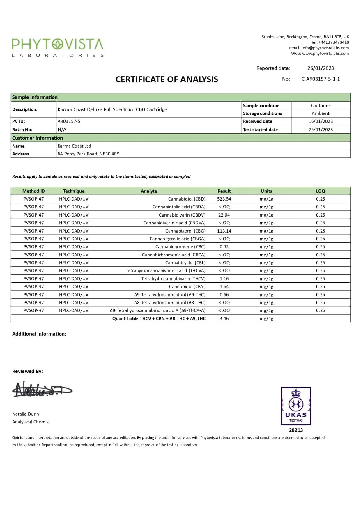 Karma Pen 6 Certificate of analysis for Karma Pen, listing various cannabinoids and their concentrations in mg/g, with Phytovista Laboratories and UKAS accreditation details visible at the bottom.